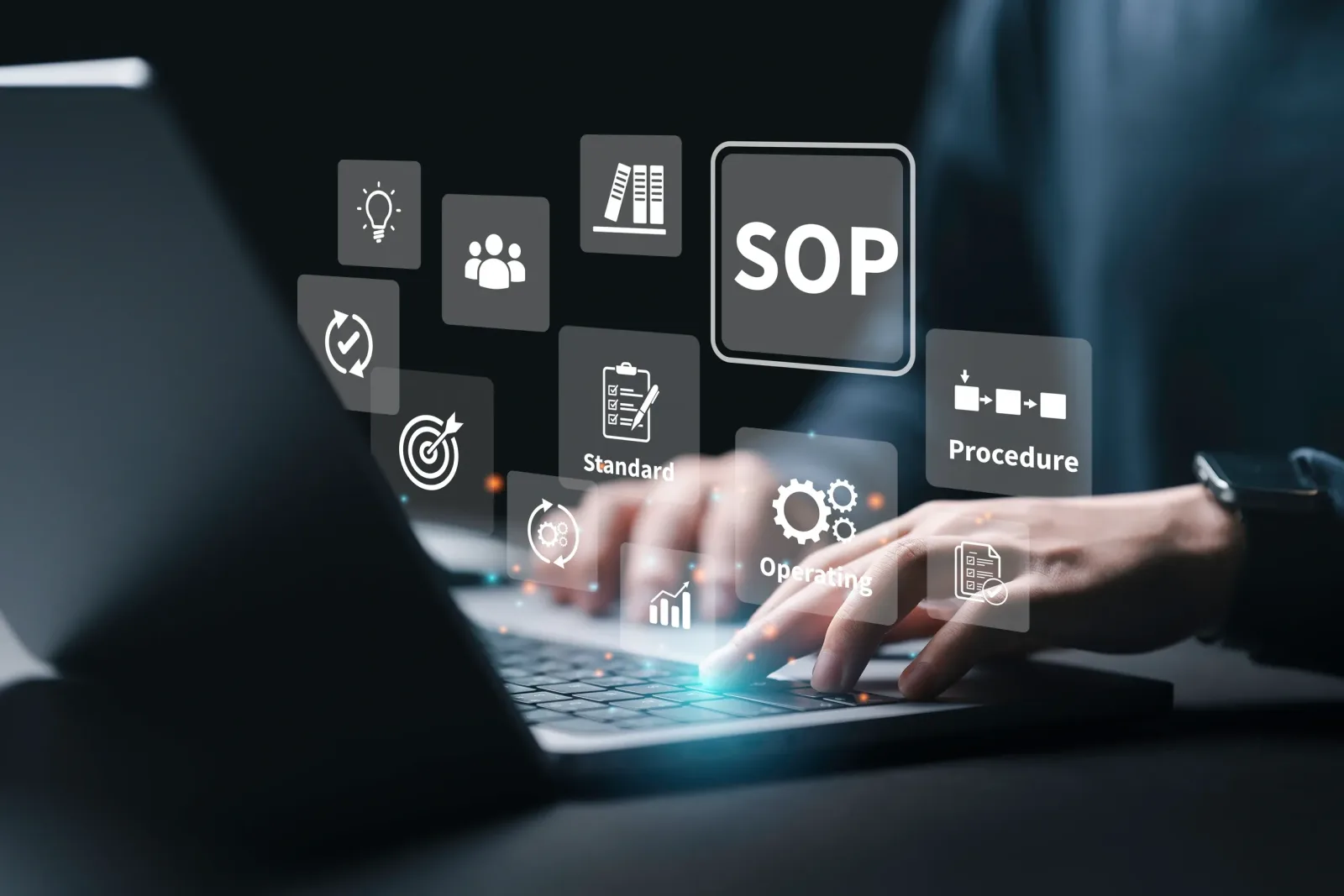 Standard operating procedure icons rendered above a laptop keyboard