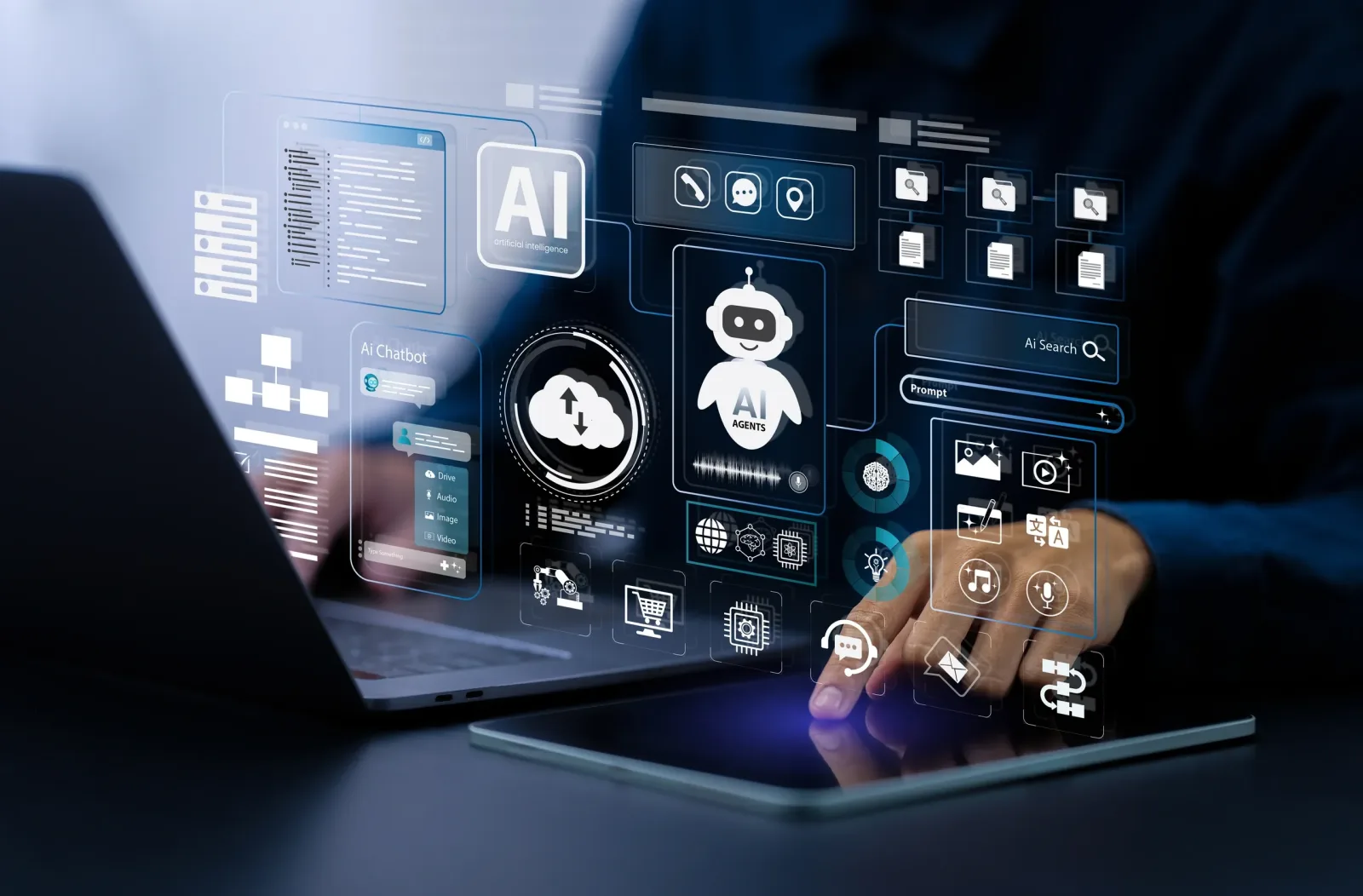 AI agents and workflow interfaces rendered above a tablet and laptop